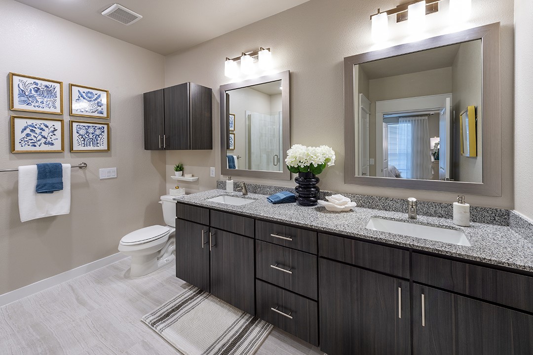 30020 Creekside Ter Drive, Unit 2114 Spring, TX 77386 - Photo 14 of 23 a bathroom with a double vanity sink and a mirror