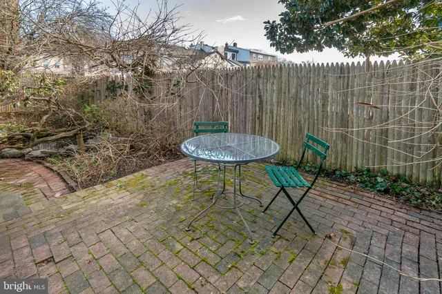 a backyard of a house with table and chairs