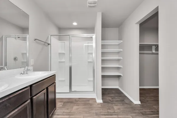 a bathroom with a sink a mirror and a shower