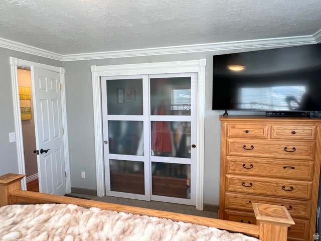 1852 East 3500th Street South Vernal, UT 84078 - Photo 28 of 46 Bedroom with a closet, a textured ceiling, and ornamental molding