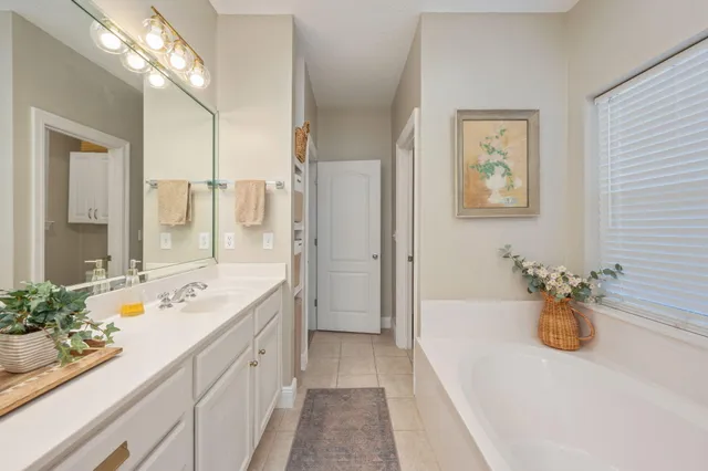 a bathroom with a tub sink and mirror