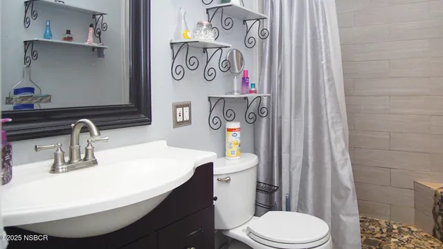 a bathroom with a sink a toilet and shower curtain