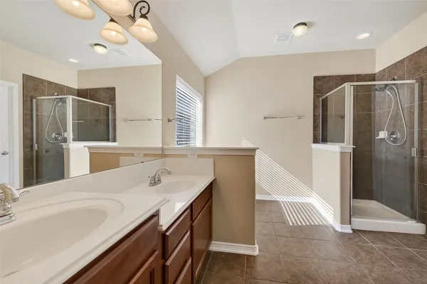a bathroom with a sink a mirror and a shower