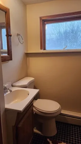 a bathroom with a toilet a sink and mirror