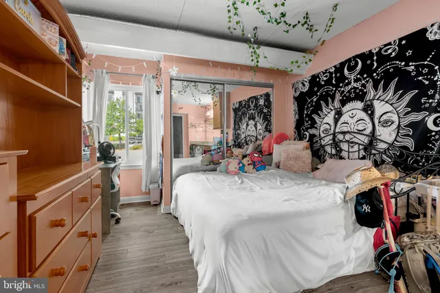 a bed room with a bed and a furniture