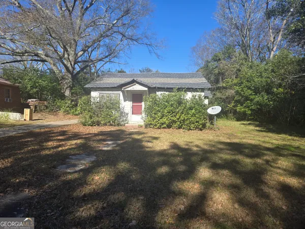 a view of a yard with plants and trees