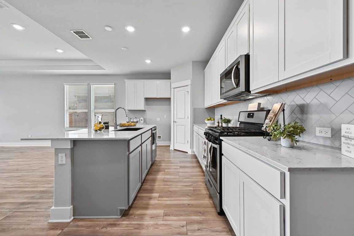 284 Grace Lilly Drive Buda, TX 78610 - Photo 10 of 40 Kitchen featuring stainless steel appliances, white cabinets, light quartz counters, and recessed lighting