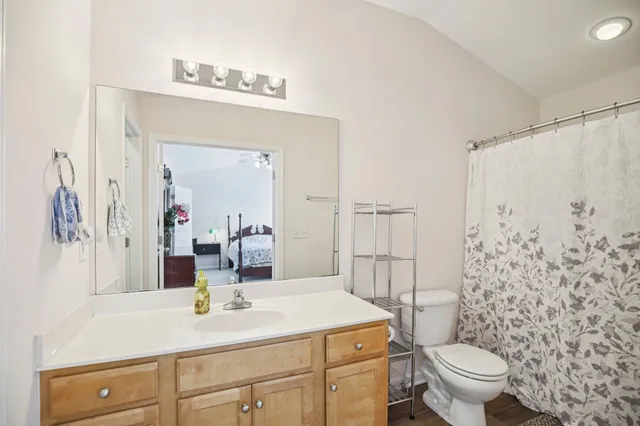a bathroom with a sink vanity mirror and toilet