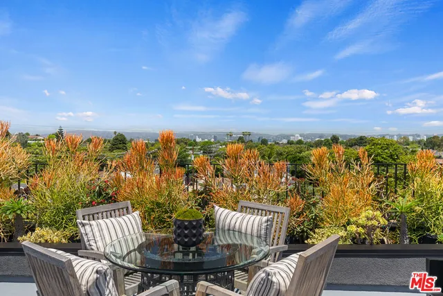 a view of a balcony with furniture and a potted plant