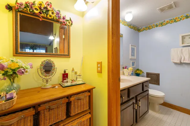 a bathroom with a sink a mirror and a toilet