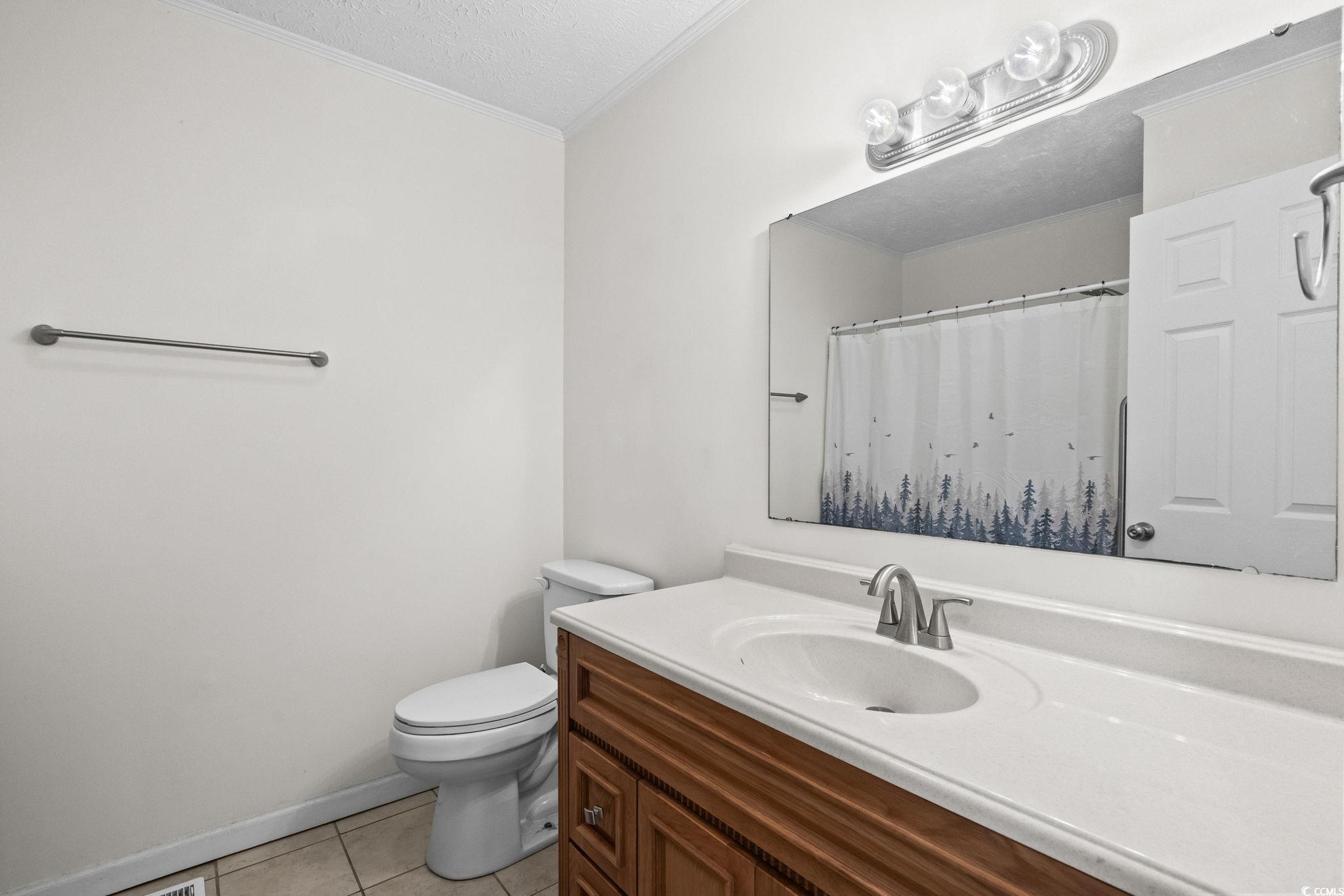 1996 Heritage Road Loris, SC 29569 - Photo 26 of 40 Full bath featuring light tile patterned flooring, a shower with shower curtain, vanity, a textured ceiling, and ornamental molding