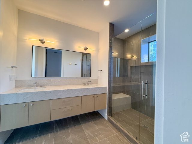 2132 East Outlaw Road, Unit 49 Kamas, UT 84036 - Photo 39 of 44 Full bathroom with double vanity, a stall shower, and recessed lighting