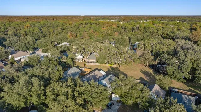 an aerial view of residential houses with outdoor space and trees
