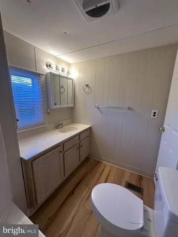 a bathroom with a sink a toilet a mirror and vanity