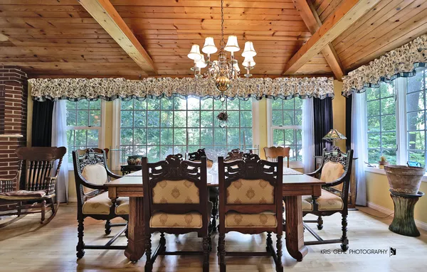 a view of a dining room with furniture window and outside view