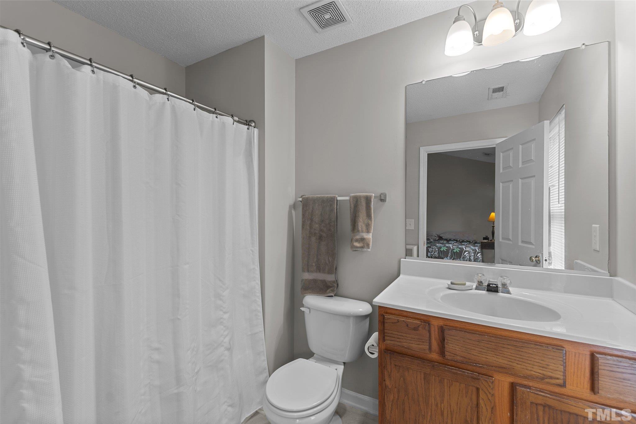 3366 Bridgeville Road Raleigh, NC 27610 - Photo 23 of 37 a bathroom with a sink a toilet and shower curtain