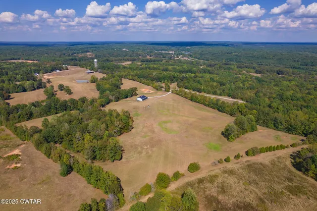an aerial view of residential houses with outdoor space and trees