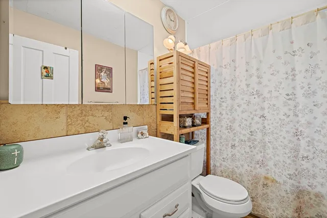 a bathroom with a sink a toilet and shower curtain