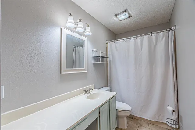 a bathroom with a sink a toilet a mirror and shower curtain