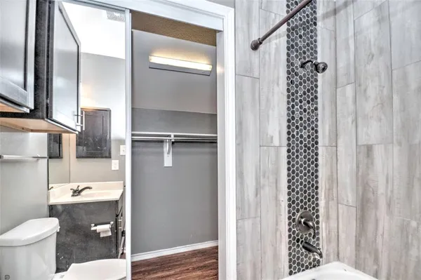 a bathroom with a shower and a toilet