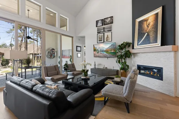 a living room with furniture flower pot and a fireplace