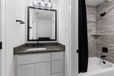 a bathroom with a sink and a mirror