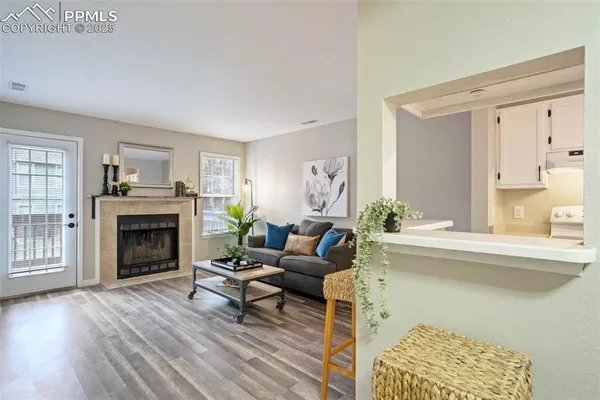 a living room with furniture and a fireplace