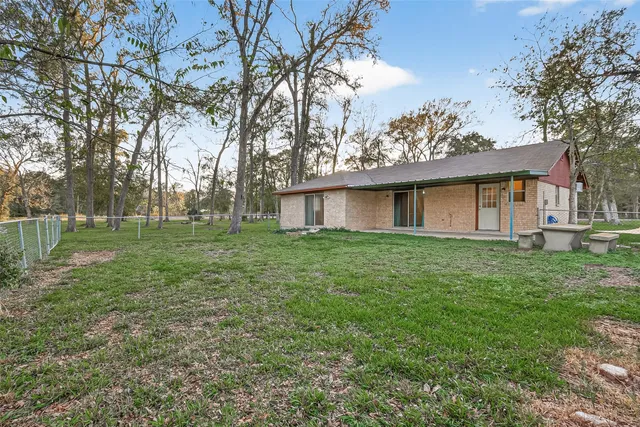 a view of a park with large trees