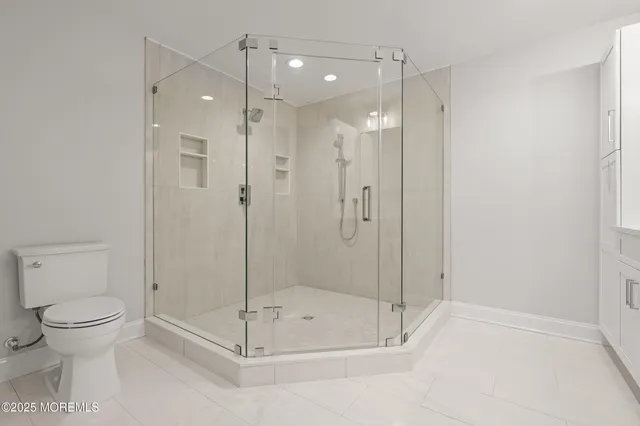 a bathroom with a shower and a toilet