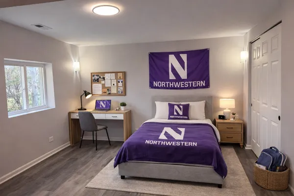 a bedroom with a bed and paintings on the wall