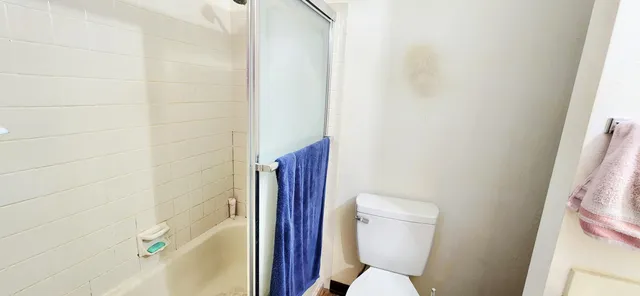 a bathroom with a toilet and a shower curtain