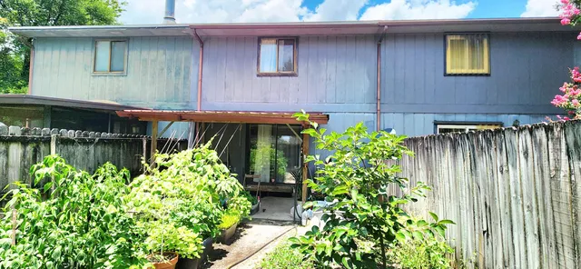 a backyard of a house with lots of green space and a water fountain