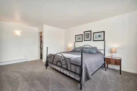a bedroom with a bed rug and wall painting