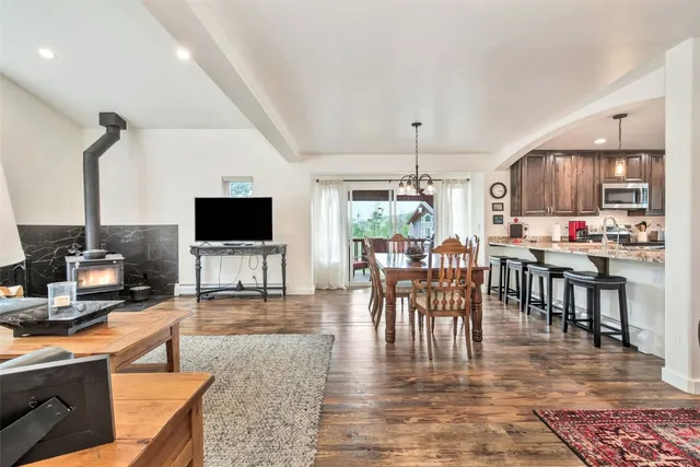 a view of a dining room with furniture
