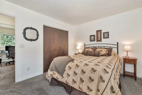 a bedroom with a bed and a closet
