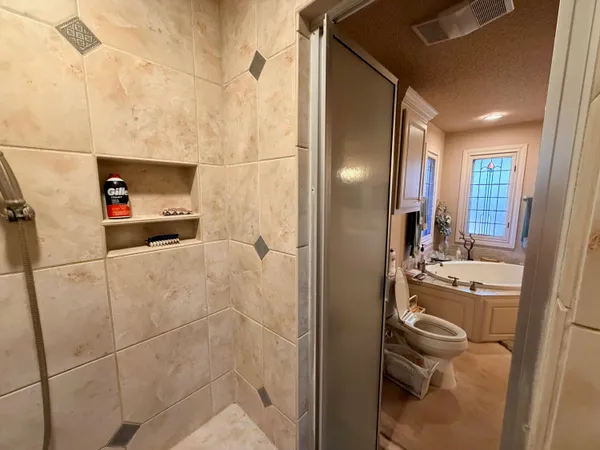a bathroom with a sink toilet and shower