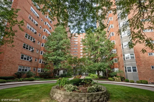 a building view with a garden