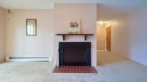 a living room with a rug and a fireplace