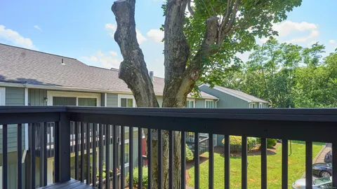 a view of a wooden house with a tree