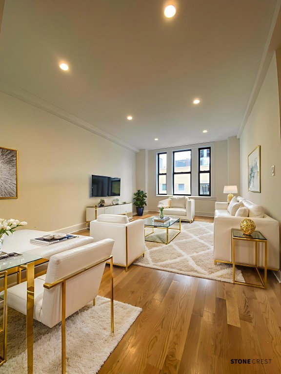 a living room with furniture and a table