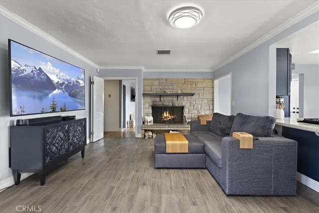 a living room with fireplace furniture and a flat screen tv
