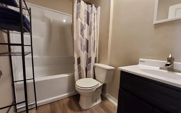 a bathroom with a sink a toilet and a shower