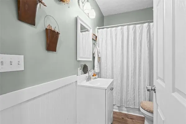 a bathroom with a sink a mirror and a shower curtain