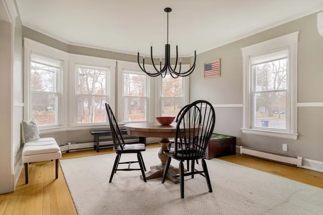 a view of a dining room with furniture window and outside view