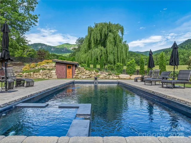 a view of a swimming pool with a patio