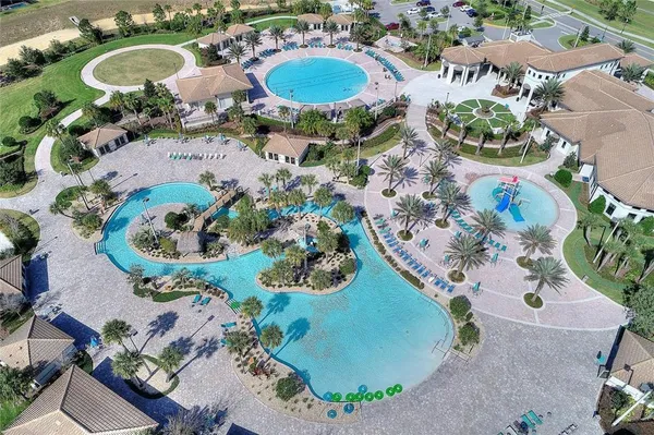 an aerial view of a swimming pool and outdoor space