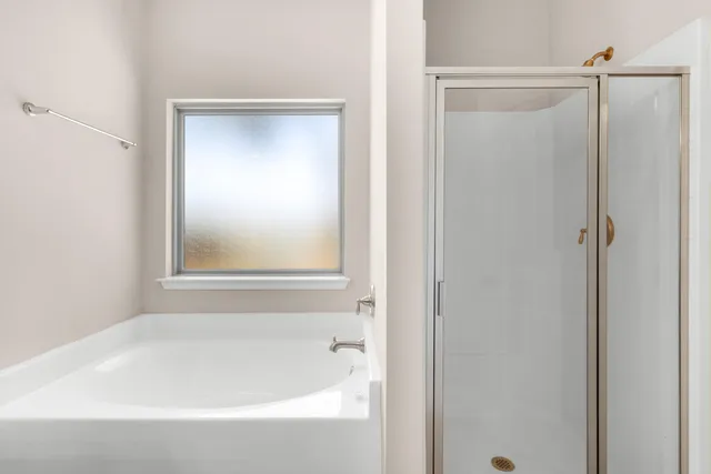 a bathroom with a bathtub and a shower