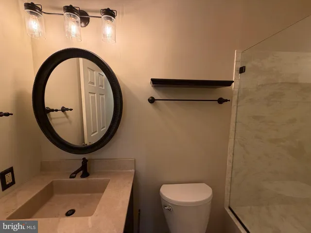a bathroom with a sink a toilet and a mirror