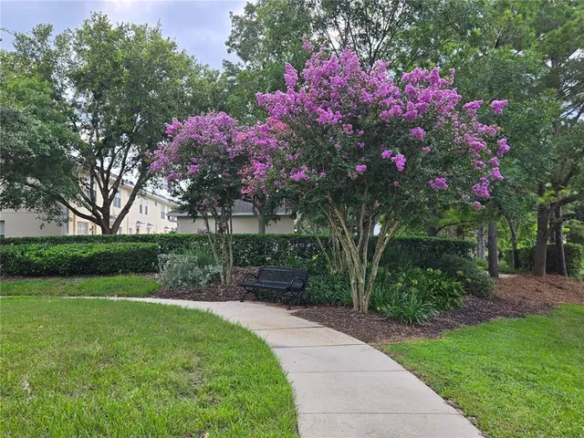 a garden view with a seating space