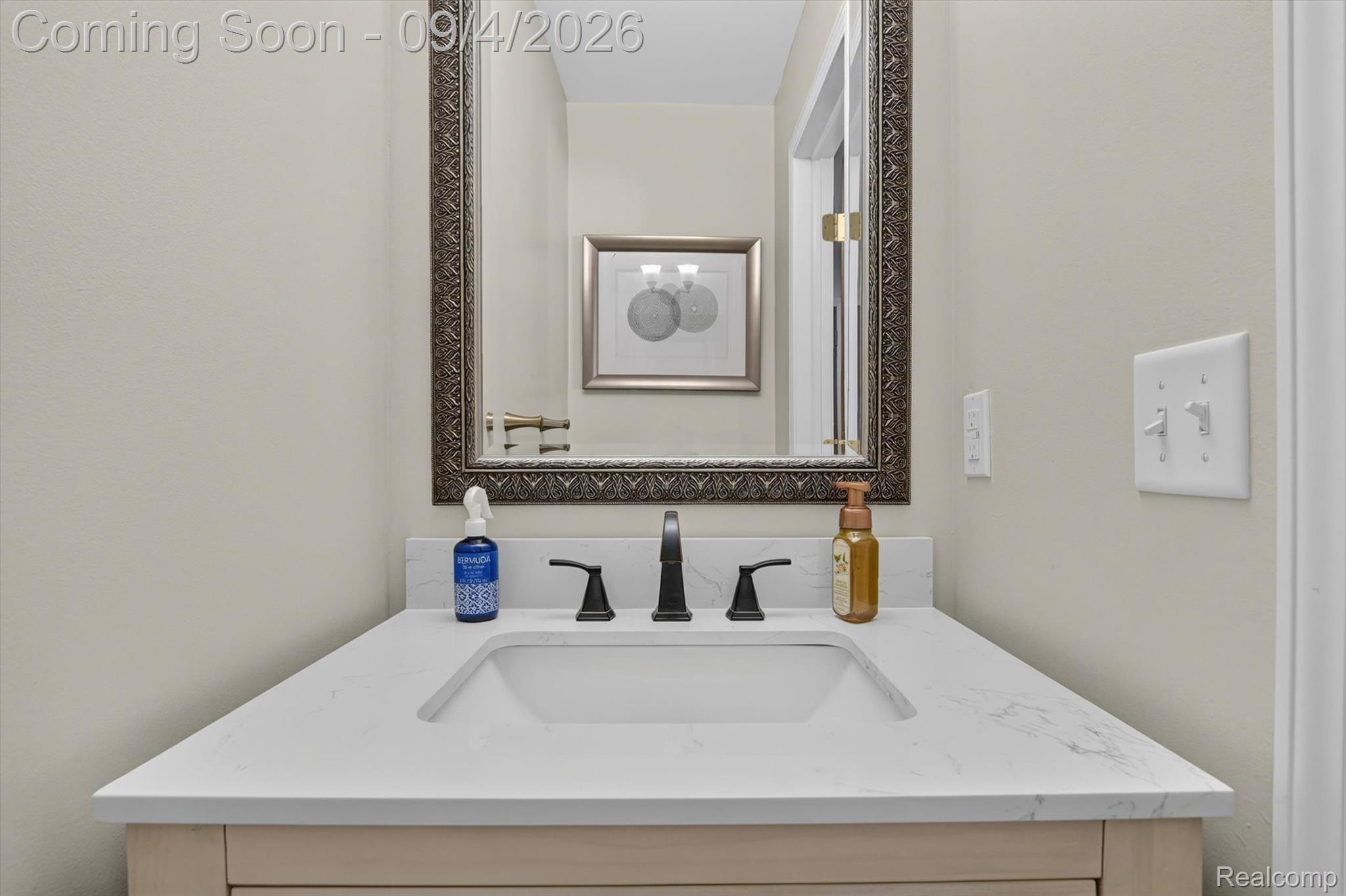 43182 Applewood Road Canton, MI 48188 - Photo 13 of 36 Vanity with a white countertop and integrated sink, matte black faucet, and an ornate framed mirror